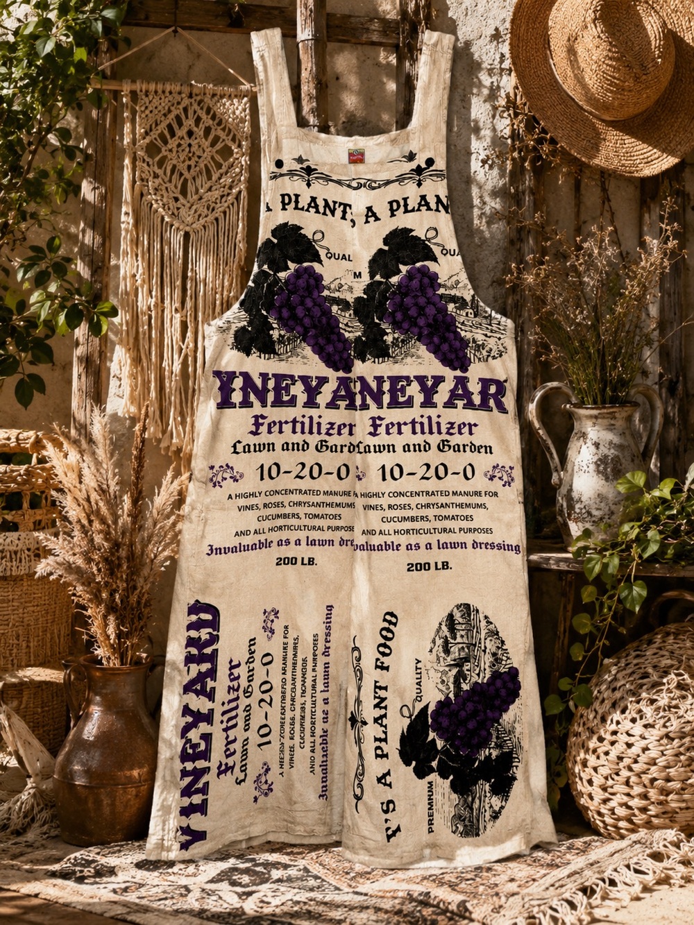 Vintage Sack Flour Sack Overalls - Vineyard Design - Adjustable Button Straps